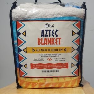 Aztec Designed Mink Fleece Throw Blanket - Blue and Orange